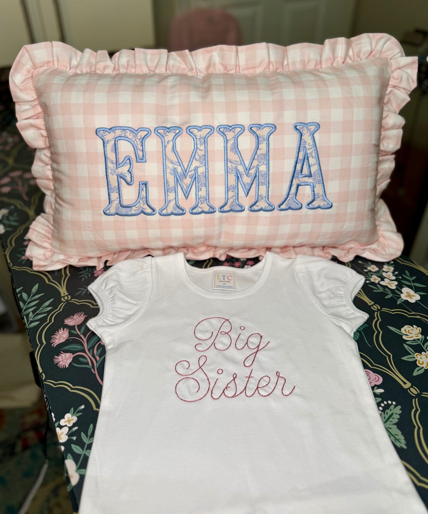 Gingham Ruffle Applique Pillow Covers - Embroidery Included