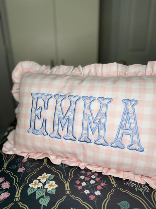Gingham Ruffle Applique Pillow Covers - Embroidery Included