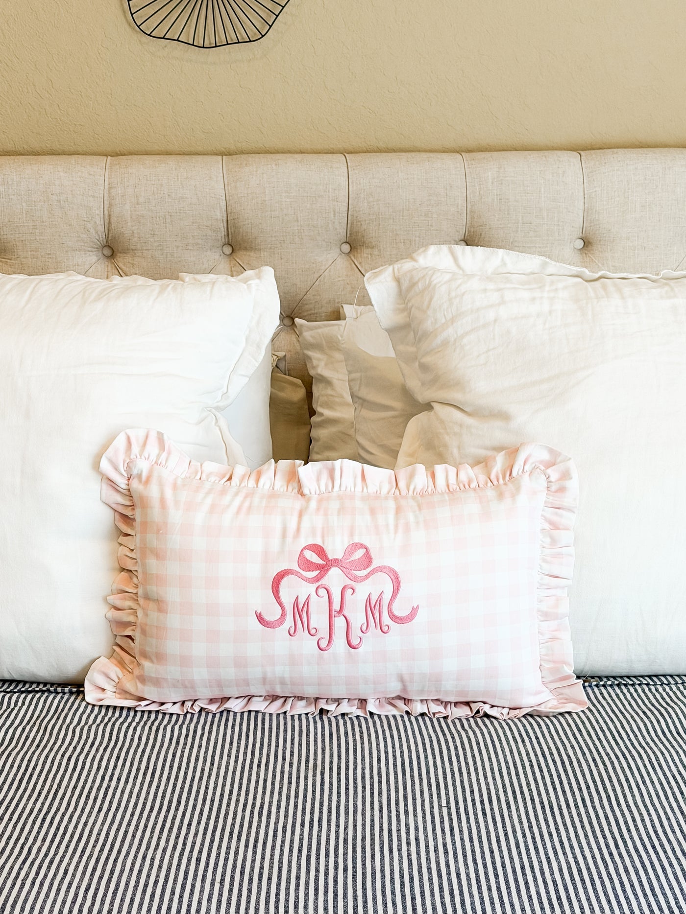 Gingham Ruffle Applique Pillow Covers - Embroidery Included