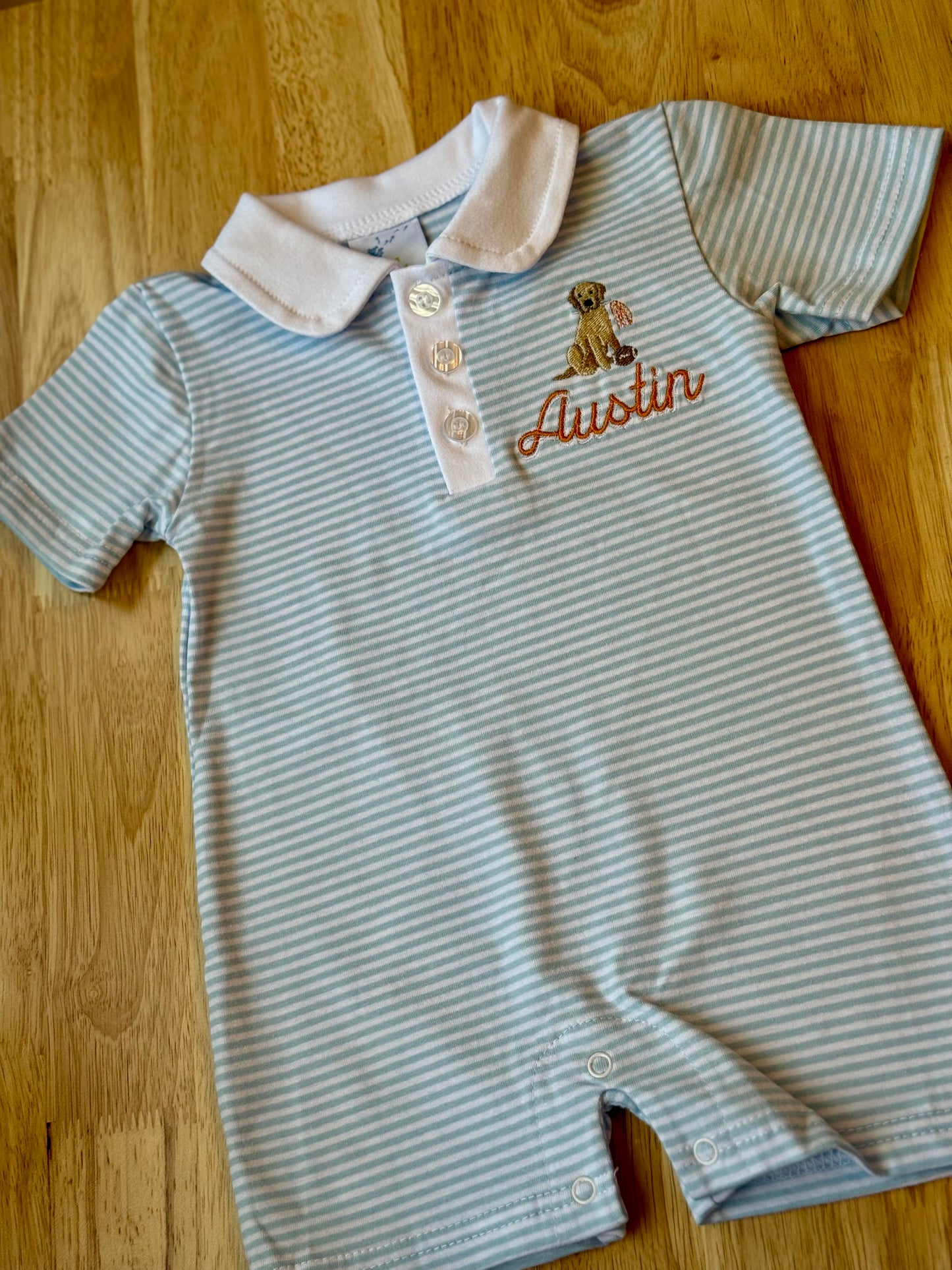 Striped Short Sleeve Polo Romper - Embroidery Included